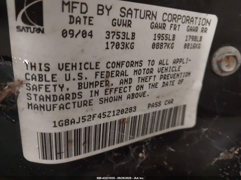 2005 Saturn Ion 2 VIN: 1G8AJ52F45Z120283 Lot: 43231935