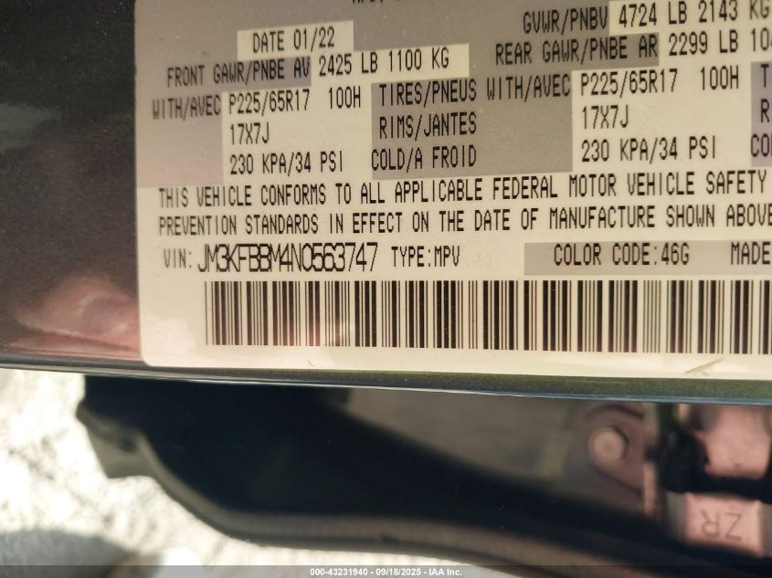 2022 Mazda Cx-5 2.5 S Select VIN: JM3KFBBM4N0563747 Lot: 43231940