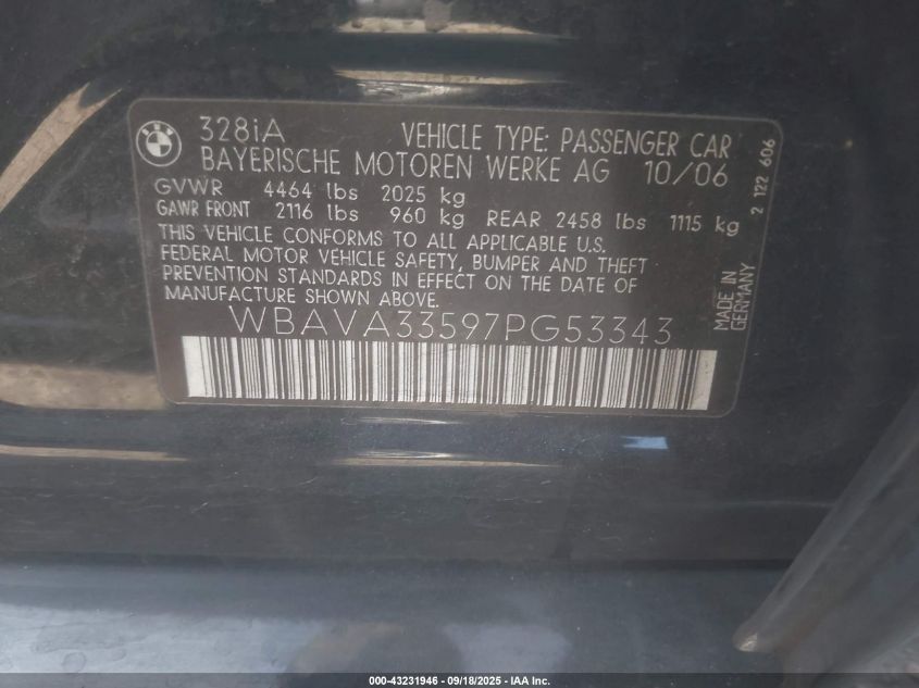 2007 BMW 328I VIN: WBAVA33597PG53343 Lot: 43231946