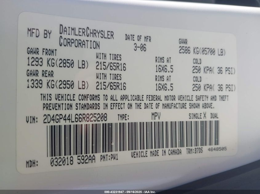 2006 Dodge Grand Caravan Sxt VIN: 2D4GP44L66R825208 Lot: 43231947