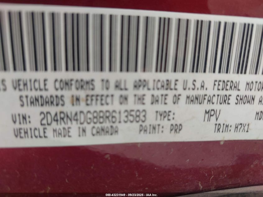 2011 Dodge Grand Caravan Express VIN: 2D4RN4DG8BR613583 Lot: 43231949