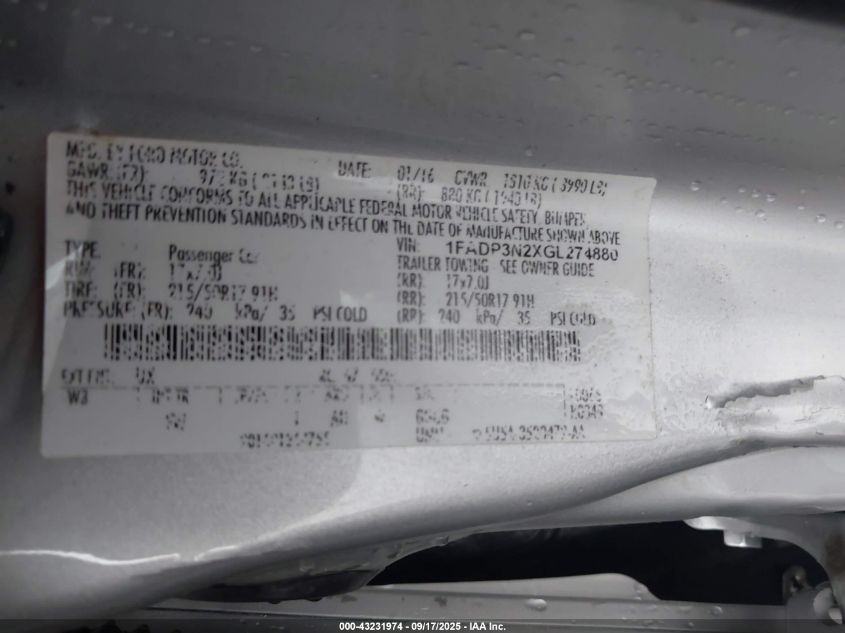 2016 Ford Focus Titanium VIN: 1FADP3N2XGL274880 Lot: 43231974