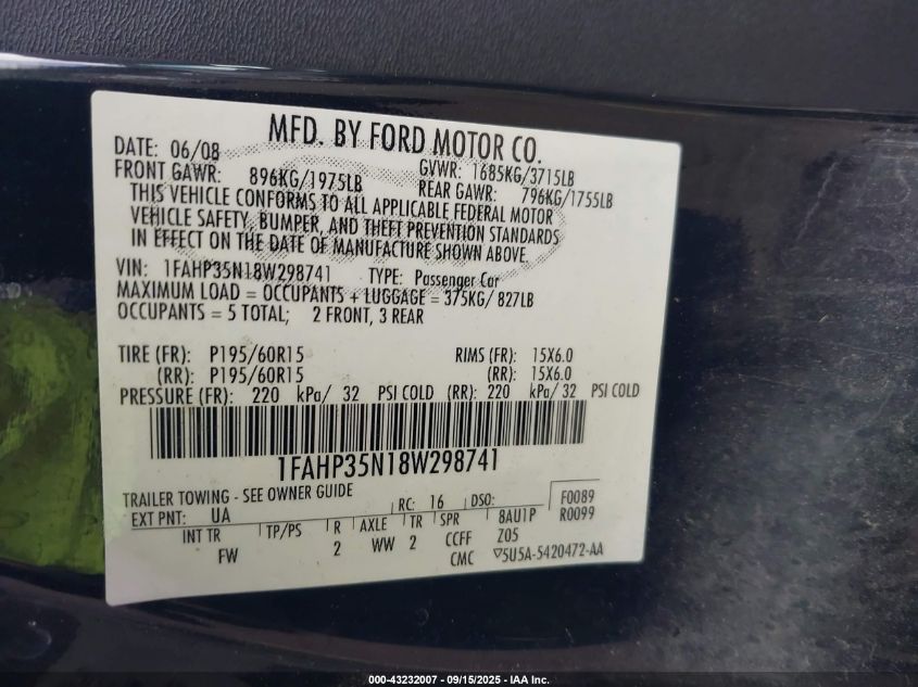 2008 Ford Focus Se/Ses VIN: 1FAHP35N18W298741 Lot: 43232007
