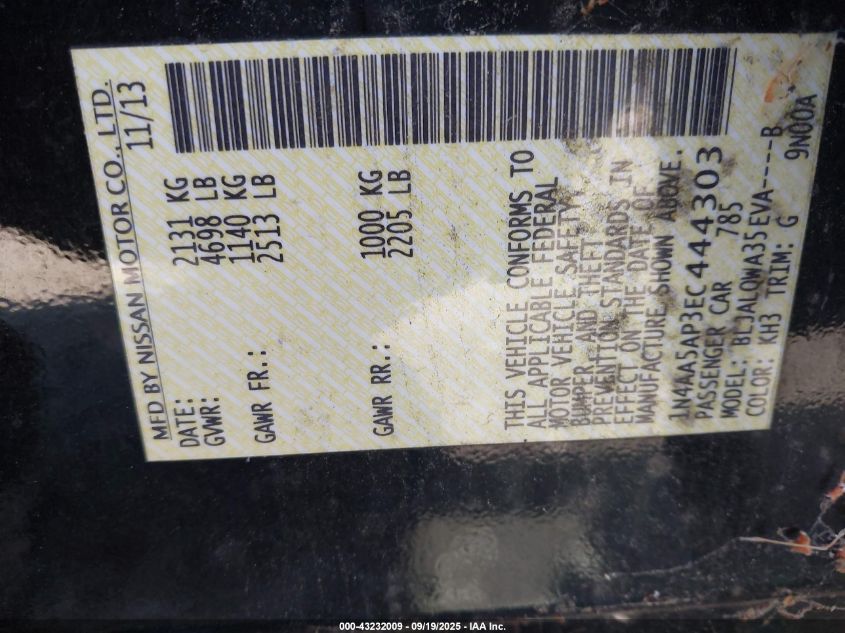 2014 Nissan Maxima 3.5 S VIN: 1N4AA5AP3EC444303 Lot: 43232009