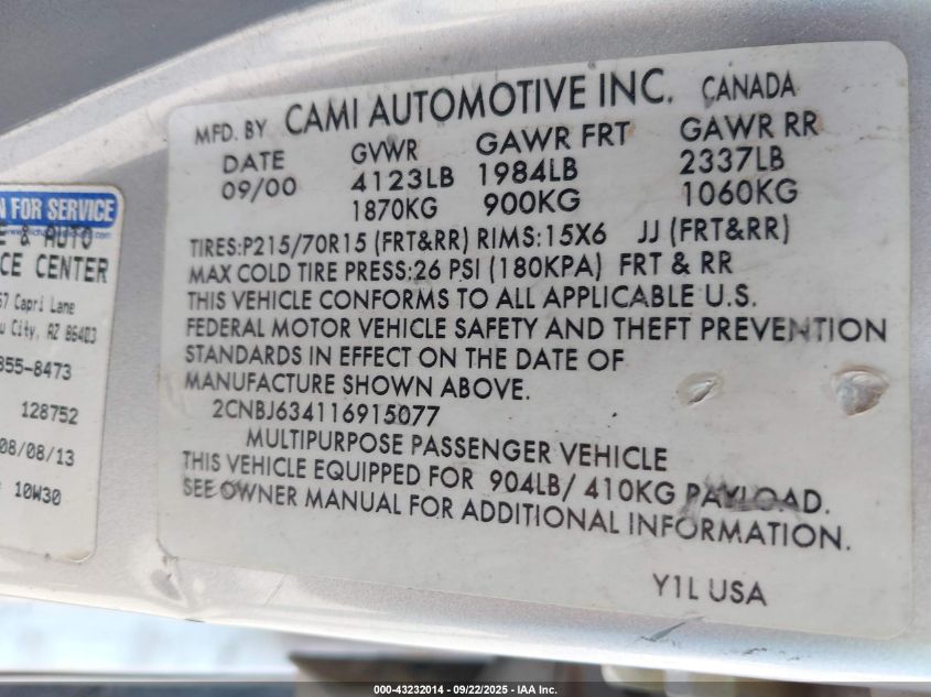 2001 Chevrolet Tracker Hard Top Lt VIN: 2CNBJ634116915077 Lot: 43232014