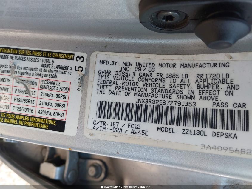 2007 Toyota Corolla S VIN: 1NXBR32E87Z791353 Lot: 43232017