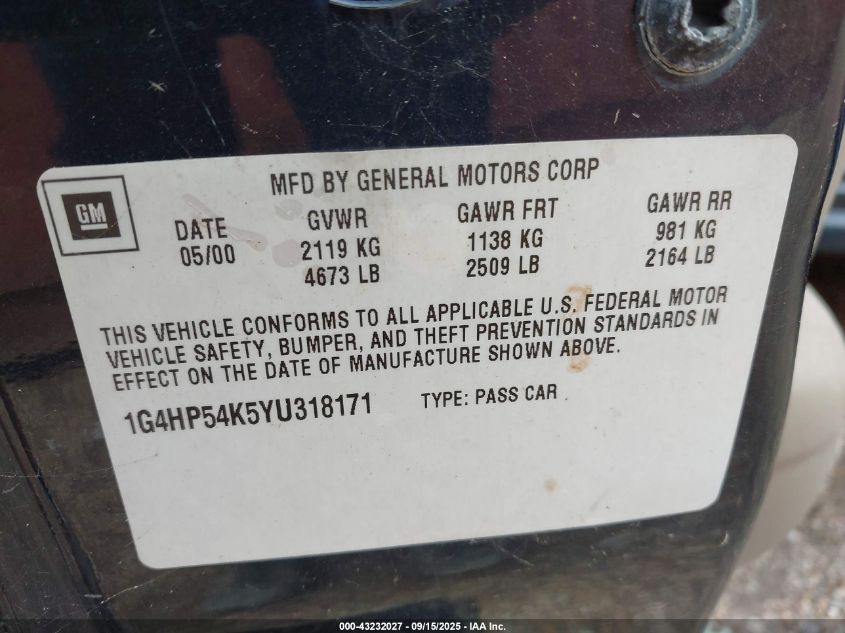 2000 Buick Lesabre Custom VIN: 1G4HP54K5YU318171 Lot: 43232027