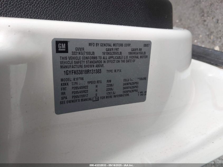2008 Cadillac Escalade Standard VIN: 1GYFK63818R131383 Lot: 43232033