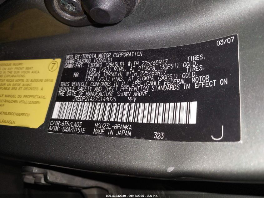 2007 Toyota Highlander Limited V6 VIN: JTEDP21A270144025 Lot: 43232039