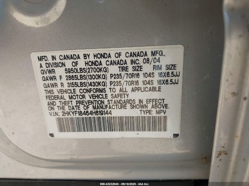 2004 Honda Pilot Ex VIN: 2HKYF18464H619144 Lot: 43232040