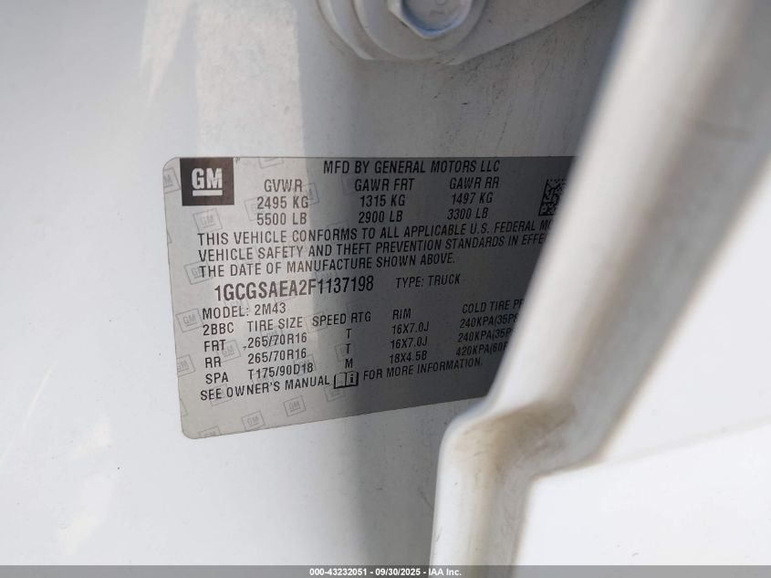 2015 Chevrolet Colorado Wt VIN: 1GCGSAEA2F1137198 Lot: 43232051