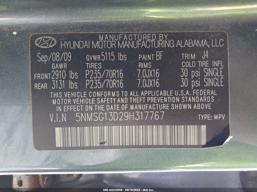 2009 Hyundai Santa Fe Gls VIN: 5NMSG13D29H317767 Lot: 43232056