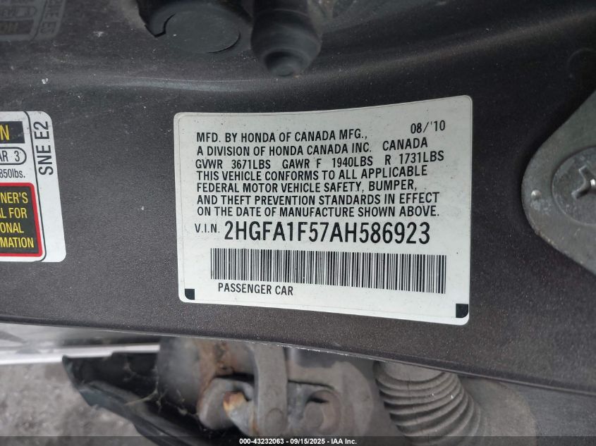 2010 Honda Civic Lx VIN: 2HGFA1F57AH586923 Lot: 43232063