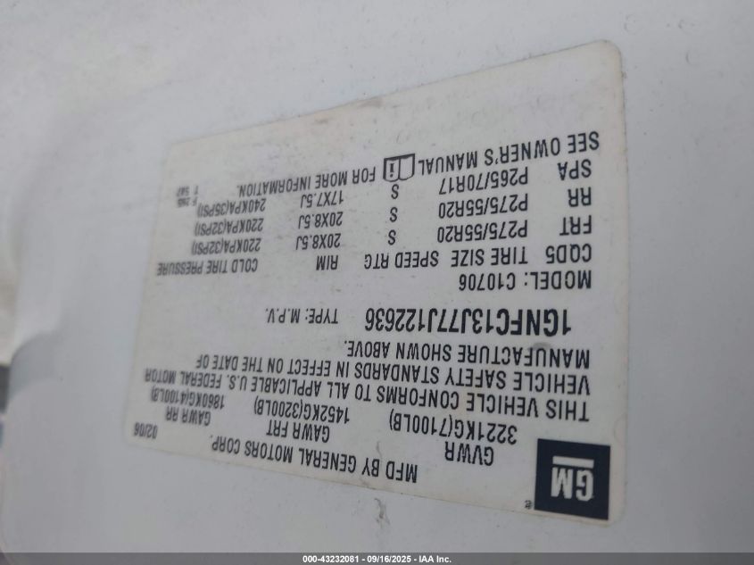 2007 Chevrolet Tahoe Ltz VIN: 1GNFC13J77J122636 Lot: 43232081