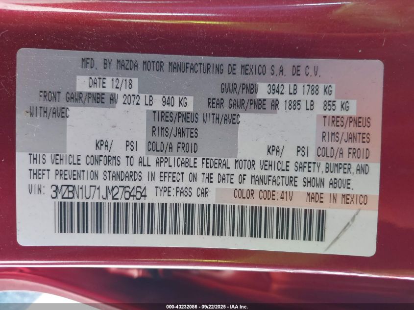 2018 Mazda Mazda3 Sport VIN: 3MZBN1U71JM276464 Lot: 43232086