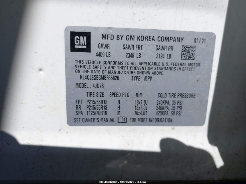 2021 Buick Encore Awd Preferred VIN: KL4CJESB3MB355626 Lot: 43232087