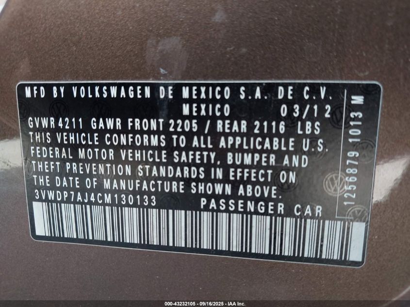 2012 Volkswagen Jetta 2.5L Se VIN: 3VWDP7AJ4CM130133 Lot: 43232105