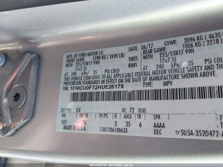 2017 Ford Escape S VIN: 1FMCU0F72HUE26178 Lot: 43232119