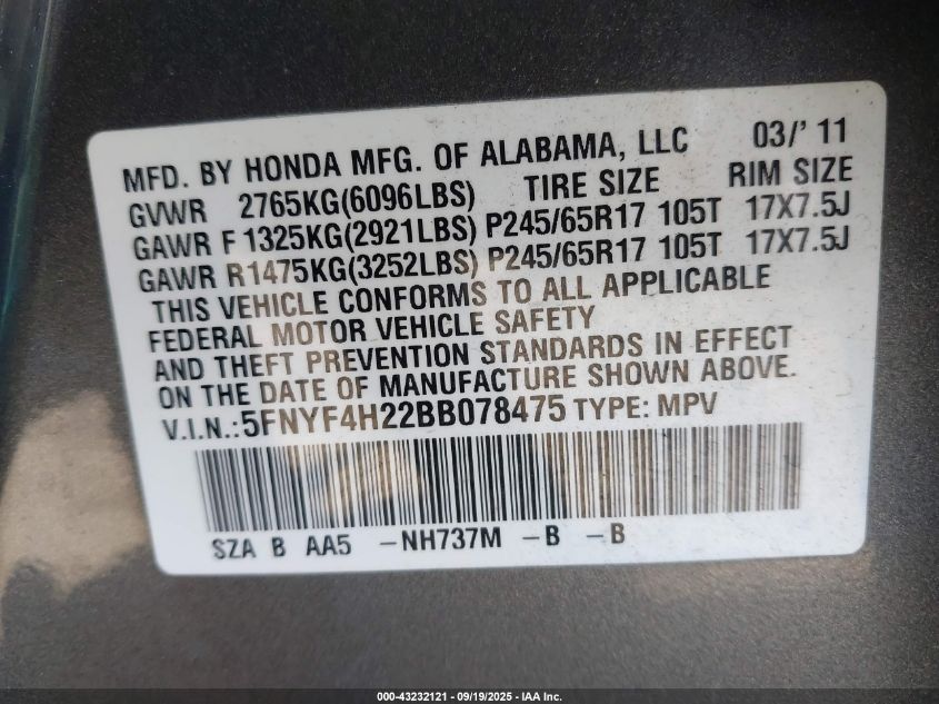 2011 Honda Pilot Lx VIN: 5FNYF4H22BB078475 Lot: 43232121