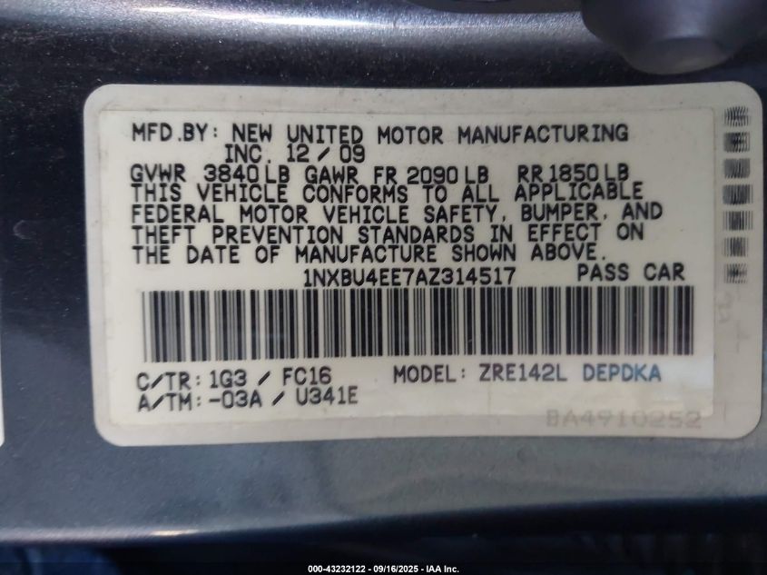 2010 Toyota Corolla Le VIN: 1NXBU4EE7AZ314517 Lot: 43232122