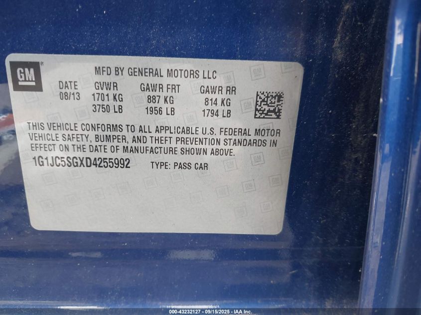 2013 Chevrolet Sonic Lt Auto VIN: 1G1JC5SGXD4255992 Lot: 43232127