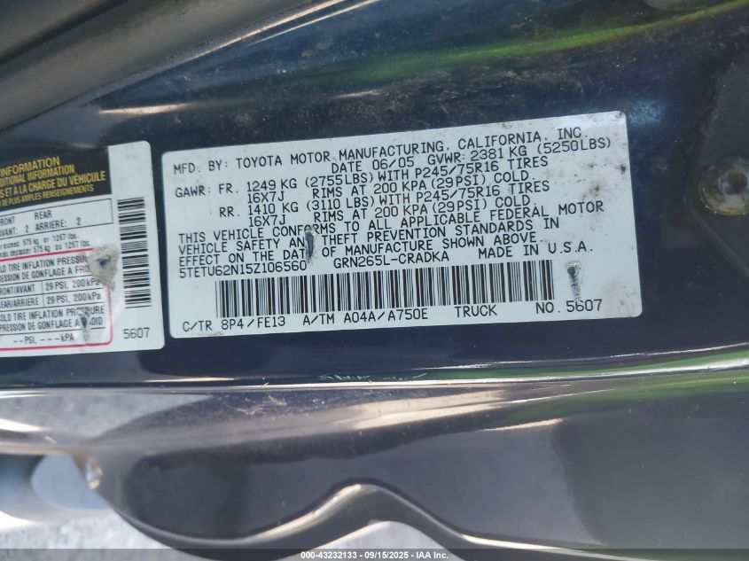 2005 Toyota Tacoma Prerunner V6 VIN: 5TETU62N15Z106560 Lot: 43232133