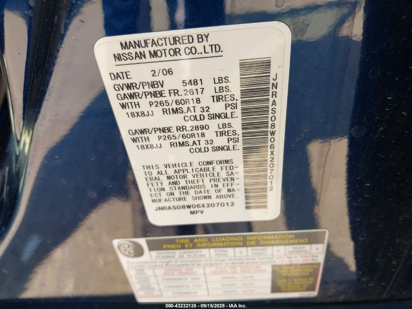 2006 Infiniti Fx35 VIN: JNRAS08W06X207012 Lot: 43232135