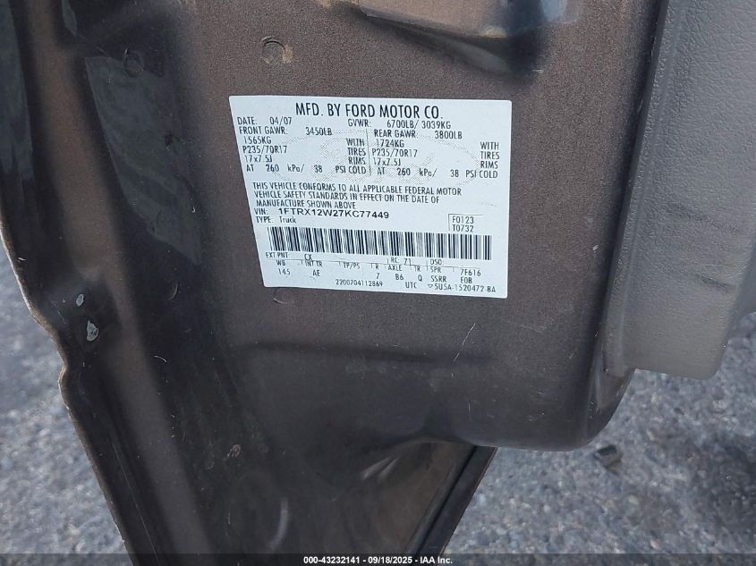 2007 Ford F-150 Stx/Xl/Xlt VIN: 1FTRX12W27KC77449 Lot: 43232141