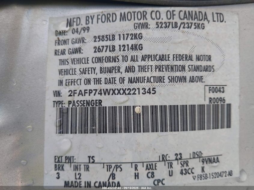 1999 Ford Crown Victoria Lx VIN: 2FAFP74WXXX221345 Lot: 43232145