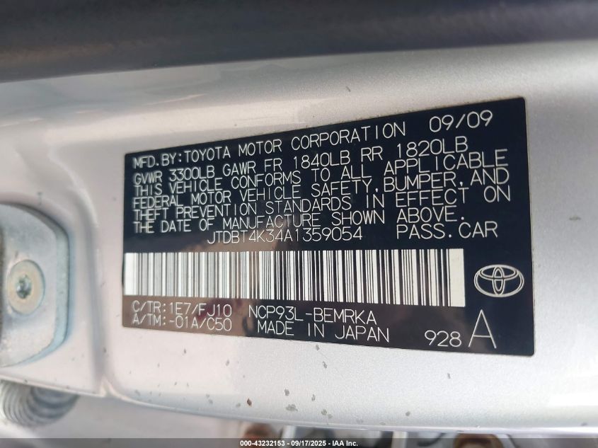 2010 Toyota Yaris VIN: JTDBT4K34A1359054 Lot: 43232153