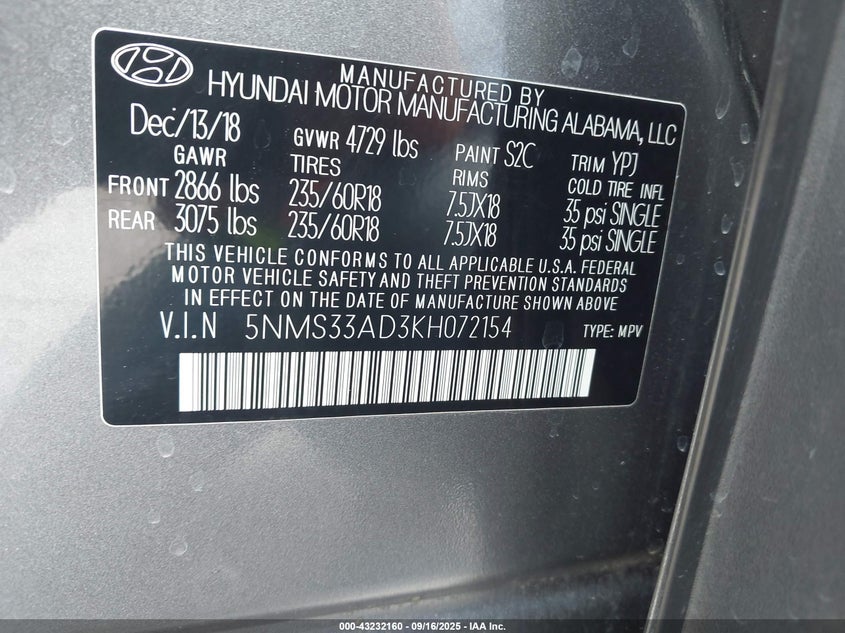 2019 Hyundai Santa Fe Sel Plus VIN: 5NMS33AD3KH072154 Lot: 43232160