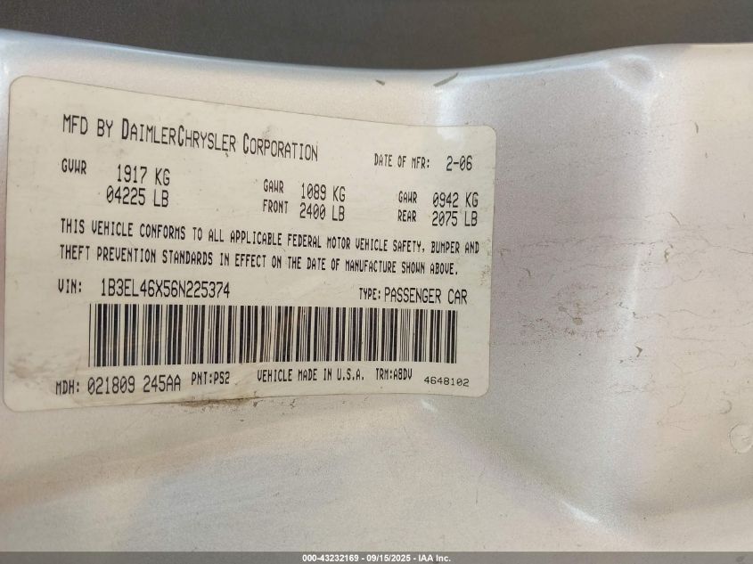 2006 Dodge Stratus Sxt VIN: 1B3EL46X56N225374 Lot: 43232169