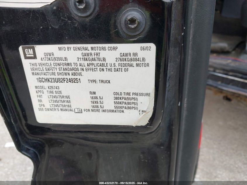 2002 Chevrolet Silverado 2500Hd Lt VIN: 1GCHK23U82F249251 Lot: 43232170