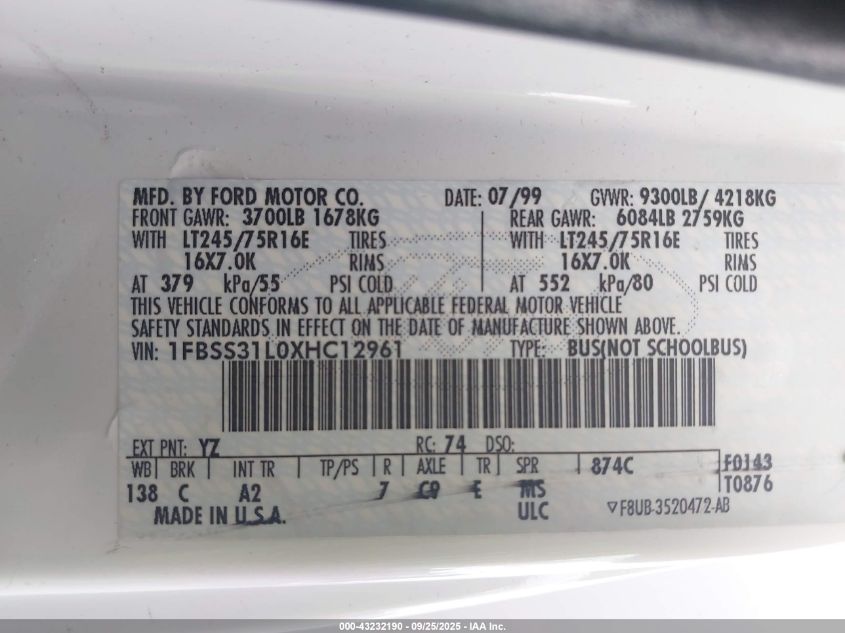 1999 Ford E-350 Super Duty Xl/Xlt VIN: 1FBSS31L0XHC12961 Lot: 43232190
