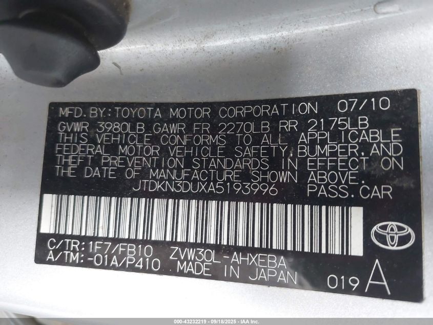 2010 Toyota Prius Ii VIN: JTDKN3DUXA5193996 Lot: 43232219