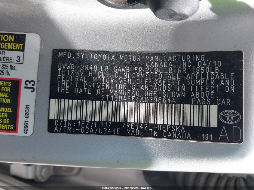 2010 Toyota Corolla S VIN: 2T1BU4EE4AC396644 Lot: 43232230