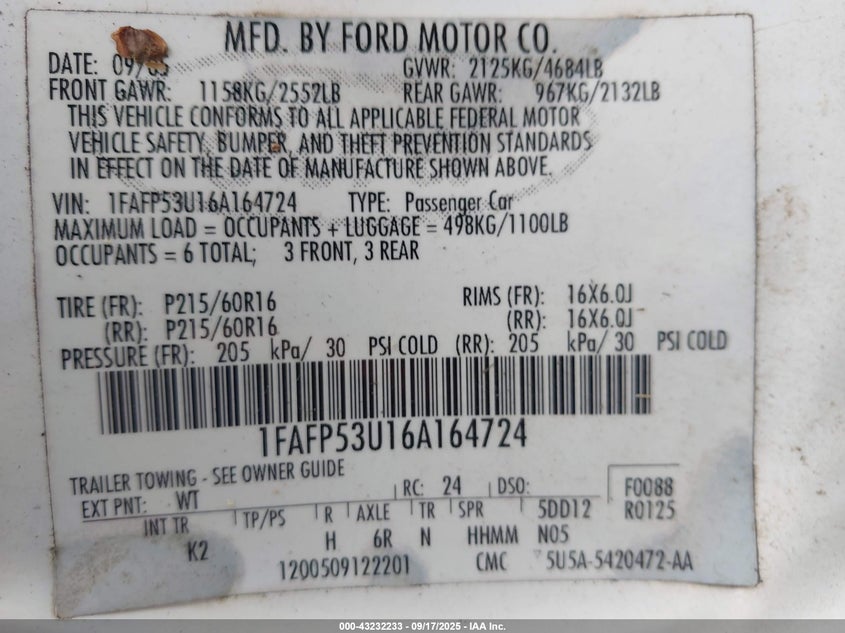 2006 Ford Taurus Se VIN: 1FAFP53U16A164724 Lot: 43232233