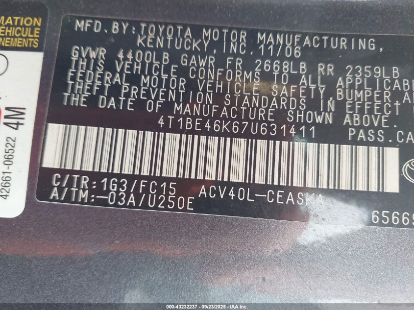 2007 Toyota Camry Se VIN: 4T1BE46K67U631411 Lot: 43232237