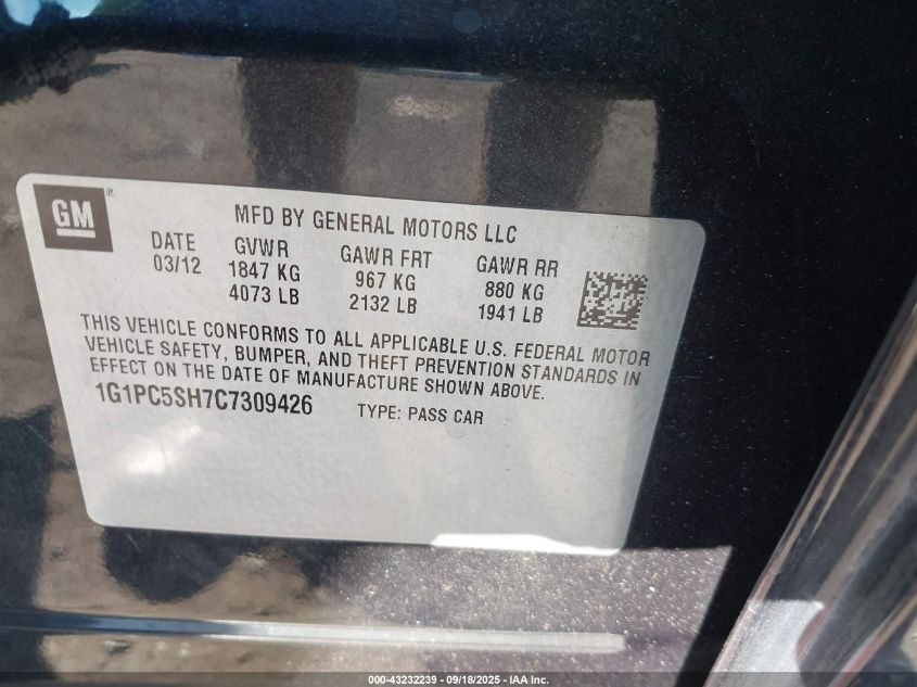 2012 Chevrolet Cruze Ls VIN: 1G1PC5SH7C7309426 Lot: 43232239