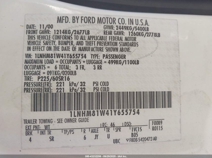 2001 Lincoln Town Car Executive VIN: 1LNHM81W41Y655754 Lot: 43232256