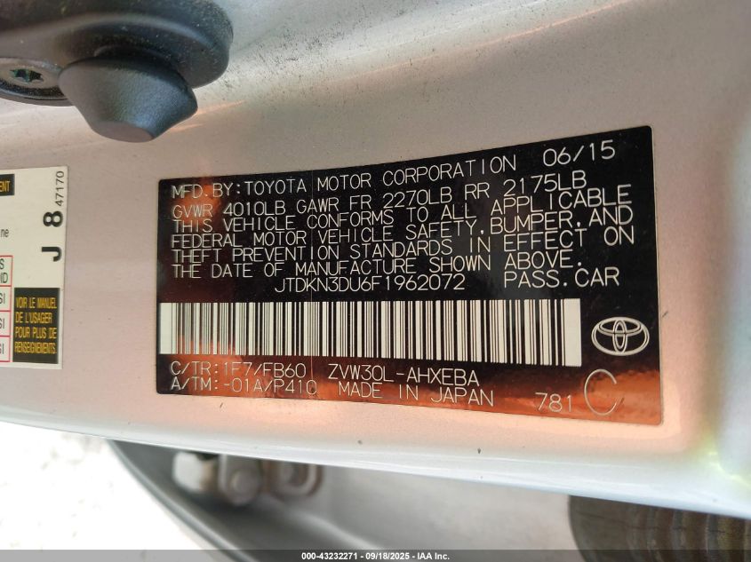 2015 Toyota Prius Two VIN: JTDKN3DU6F1962072 Lot: 43232271