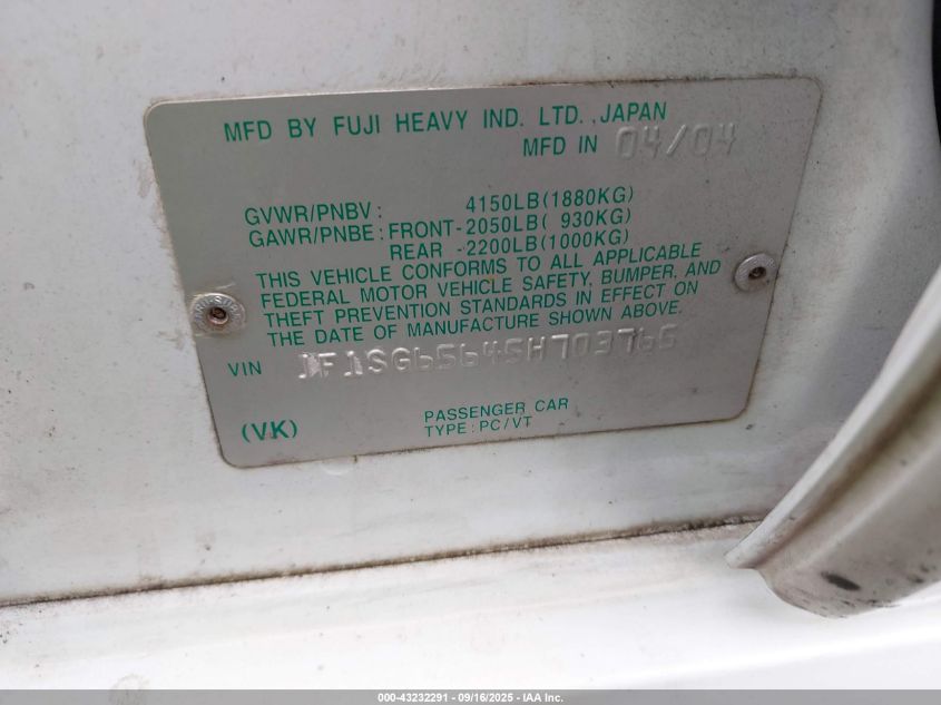 2005 Subaru Forester 2.5Xs VIN: JF1SG65645H703765 Lot: 43232291