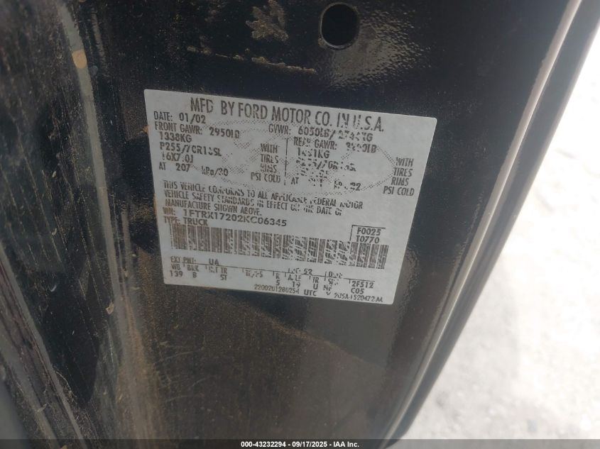 2002 Ford F-150 Xl/Xlt VIN: 1FTRX17202KC06345 Lot: 43232294