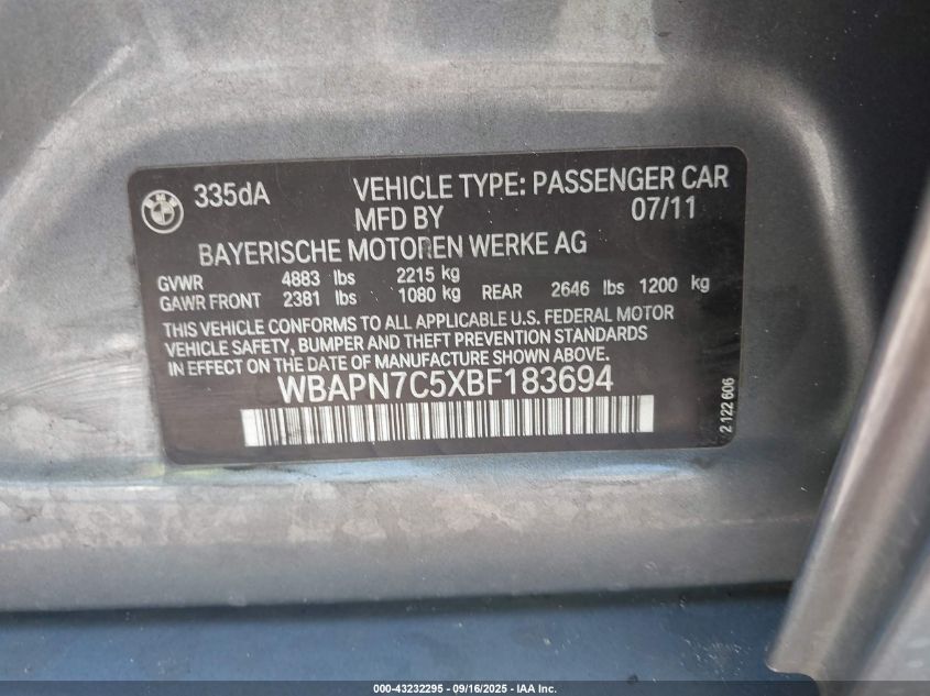 2011 BMW 335D VIN: WBAPN7C5XBF183694 Lot: 43232295