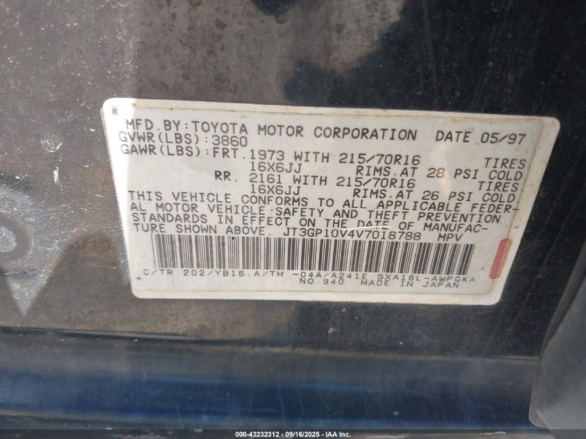 1997 Toyota Rav4 VIN: JT3GP10V4V7018788 Lot: 43232312