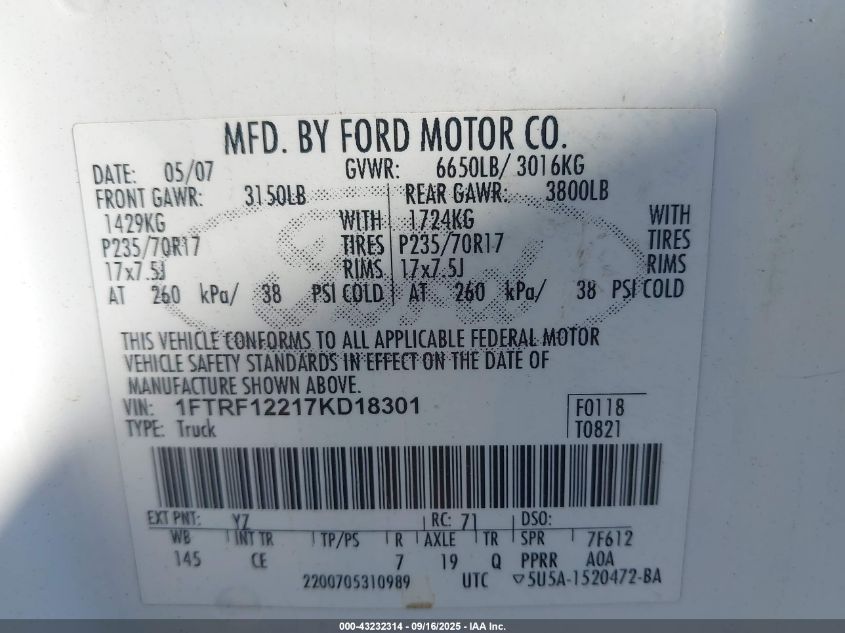 2007 Ford F-150 Stx/Xl/Xlt VIN: 1FTRF12217KD18301 Lot: 43232314