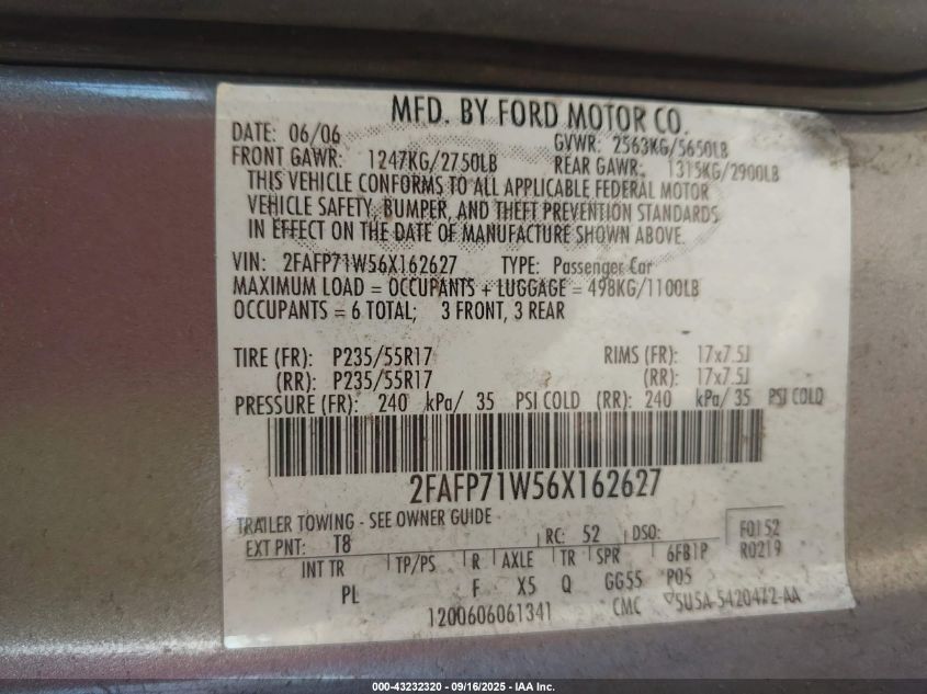 2006 Ford Crown Victoria Police/Police Interceptor VIN: 2FAFP71W56X162627 Lot: 43232320