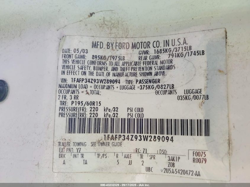 2003 Ford Focus Se VIN: 1FAFP34Z93W289094 Lot: 43232329
