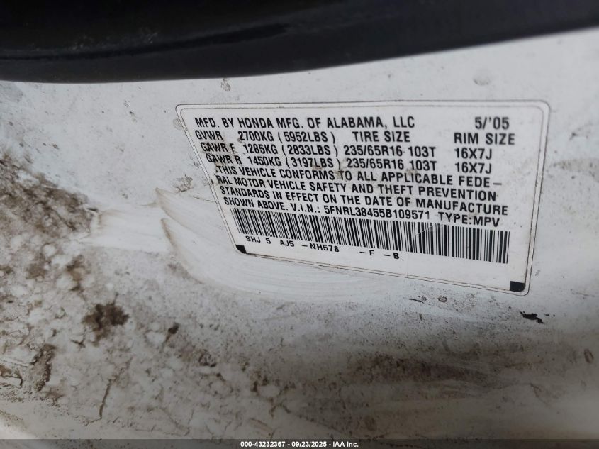 2005 Honda Odyssey Ex VIN: 5FNRL38455B109571 Lot: 43232367