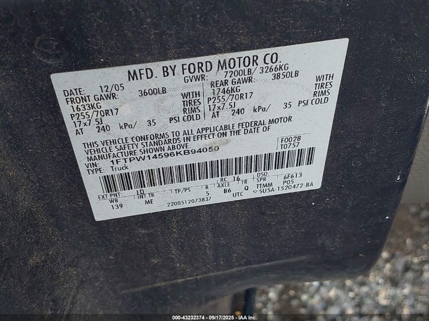 2006 Ford F-150 Fx4/Lariat/Xlt VIN: 1FTPW14596KB94050 Lot: 43232374